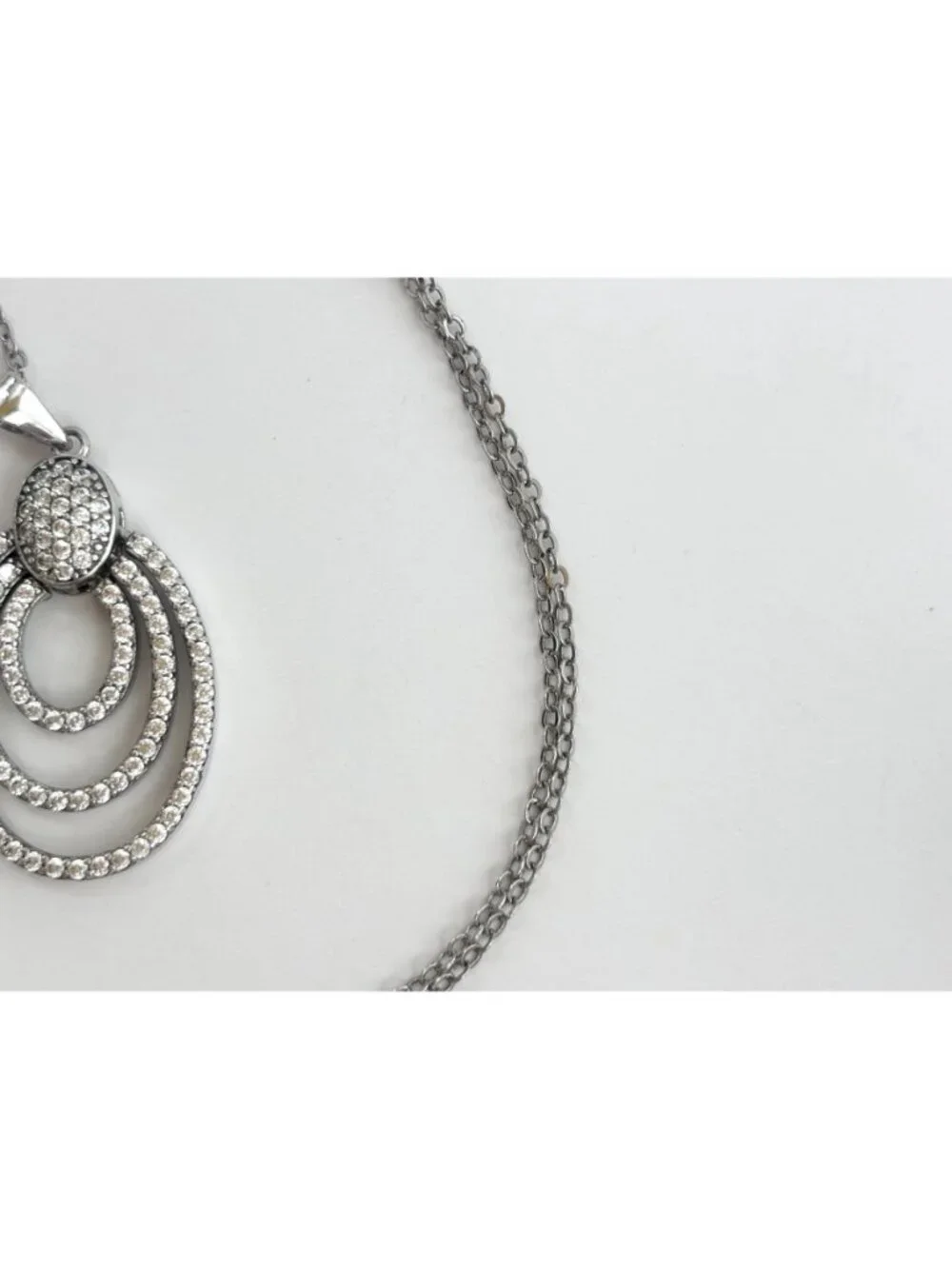 Triple Oval Sterling Silver Pave Bridal 925 Vintage Pendant Necklace - 18